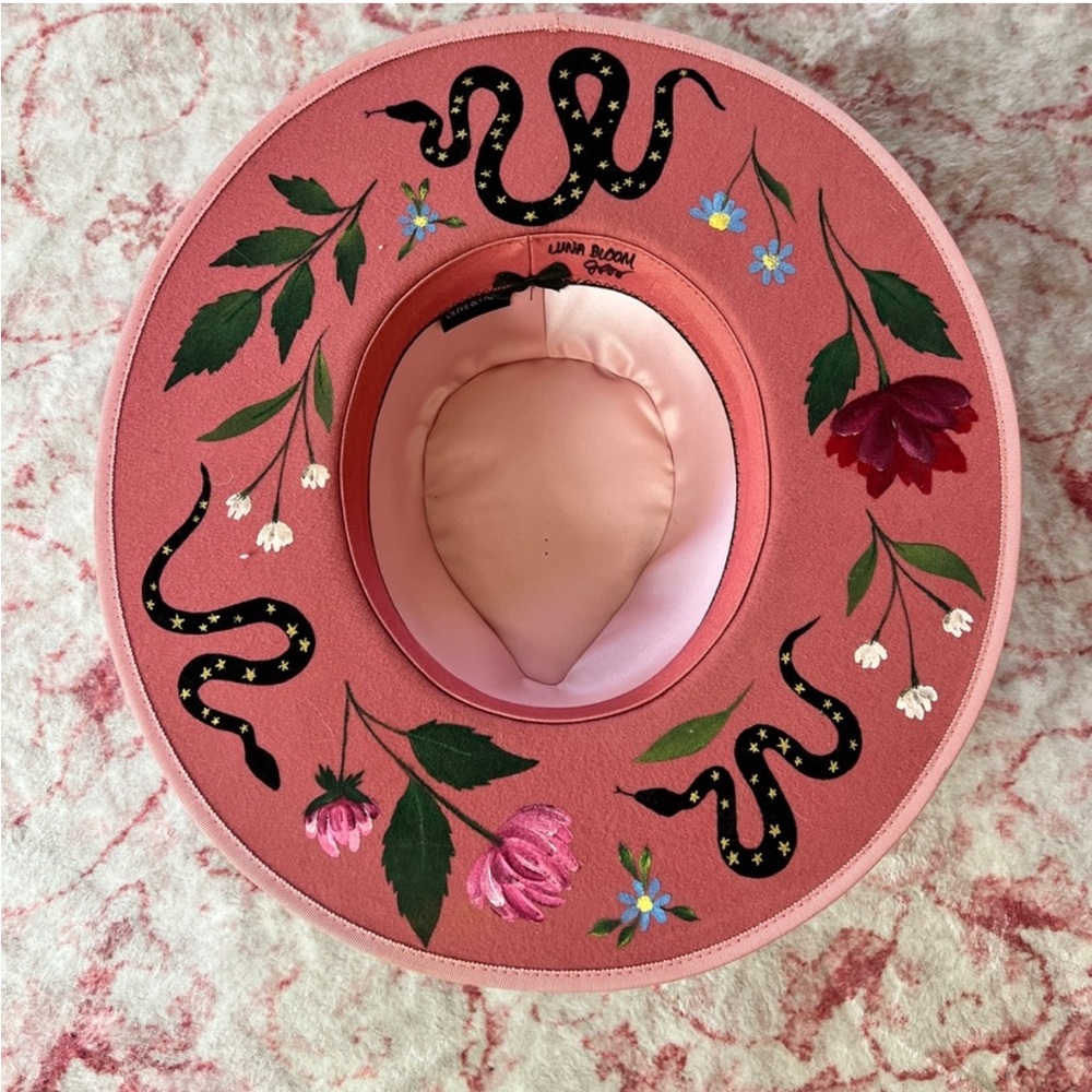 Luna Bloom Custom Hand Painted Olive & Pique Wide Brim Hat snake & floral design